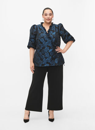Jacquard wrap blouse with 3/4 sleeves, Black Blue, Model image number 2