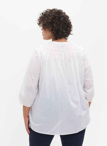 Cotton blouse with 3/4 sleeves and smock, Bright White, Model image number 1