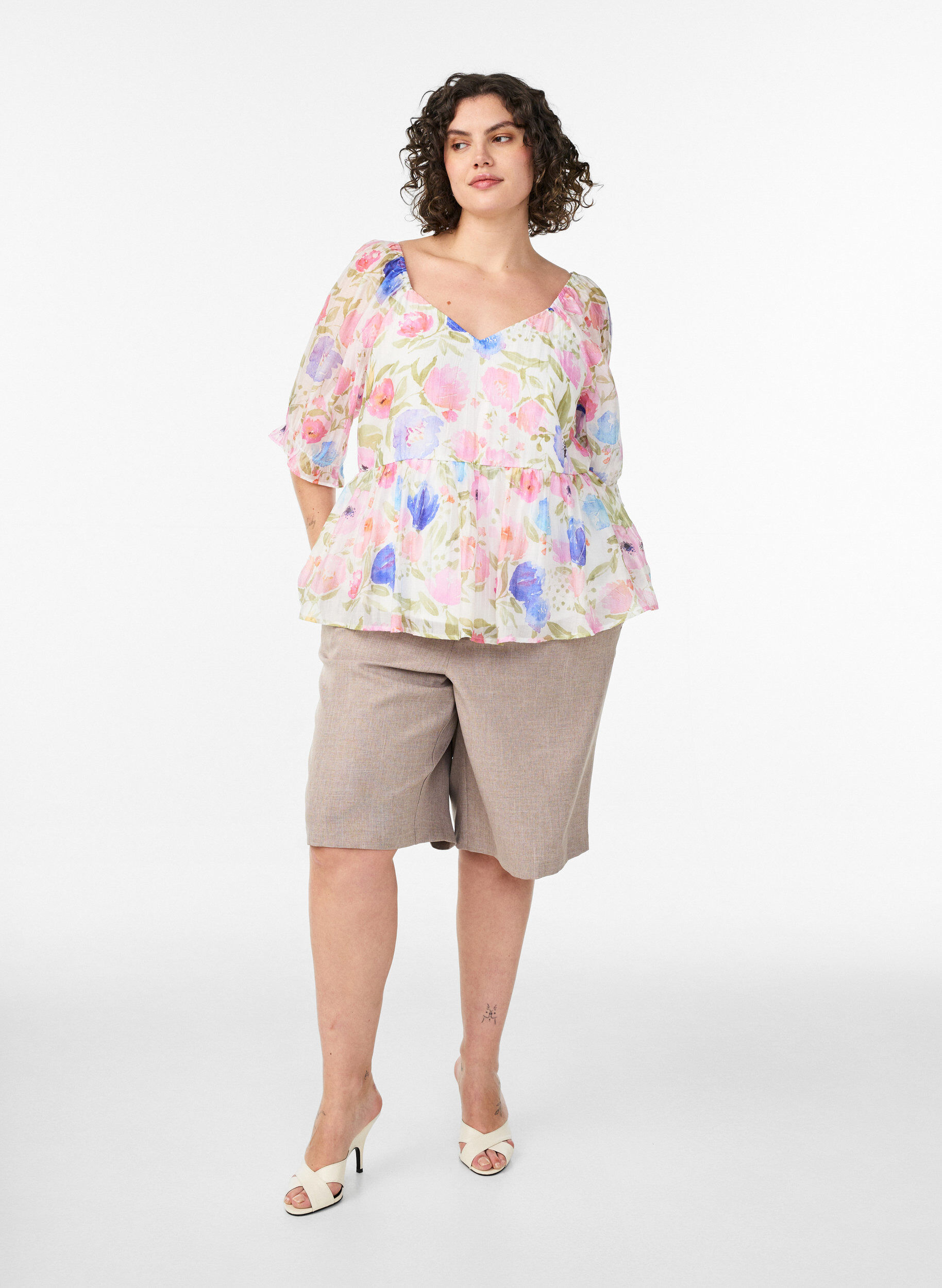 ZizzifashionLyocell blouse with floral print and sweetheart neckline, White, Model image number 1