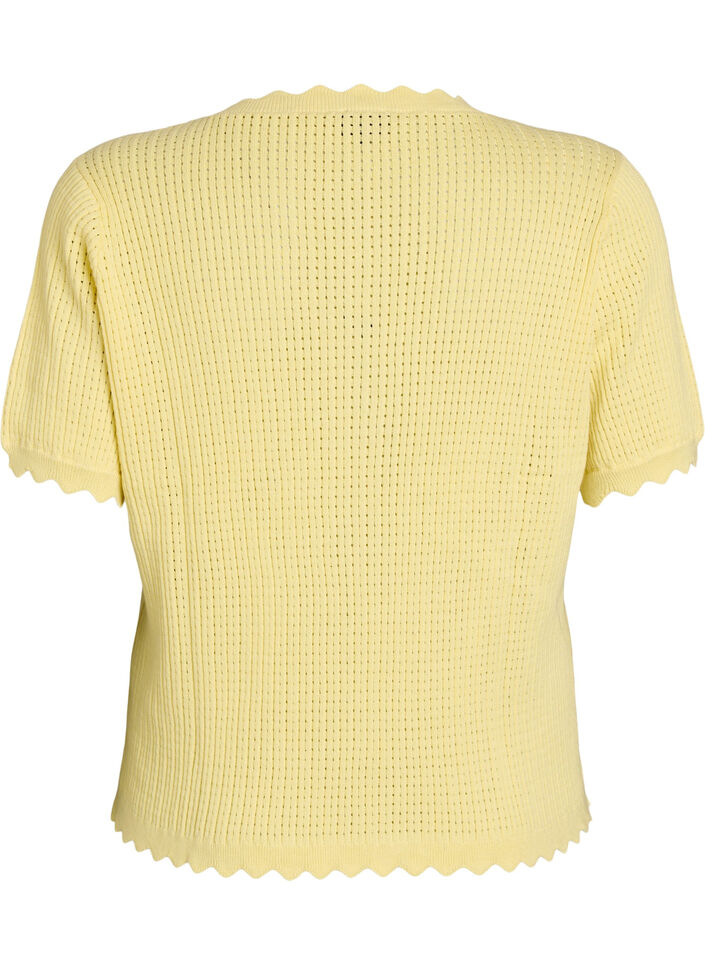 Short-sleeved knit blouse with openwork pattern and wavy edges, Yellow, Packshot image number 1