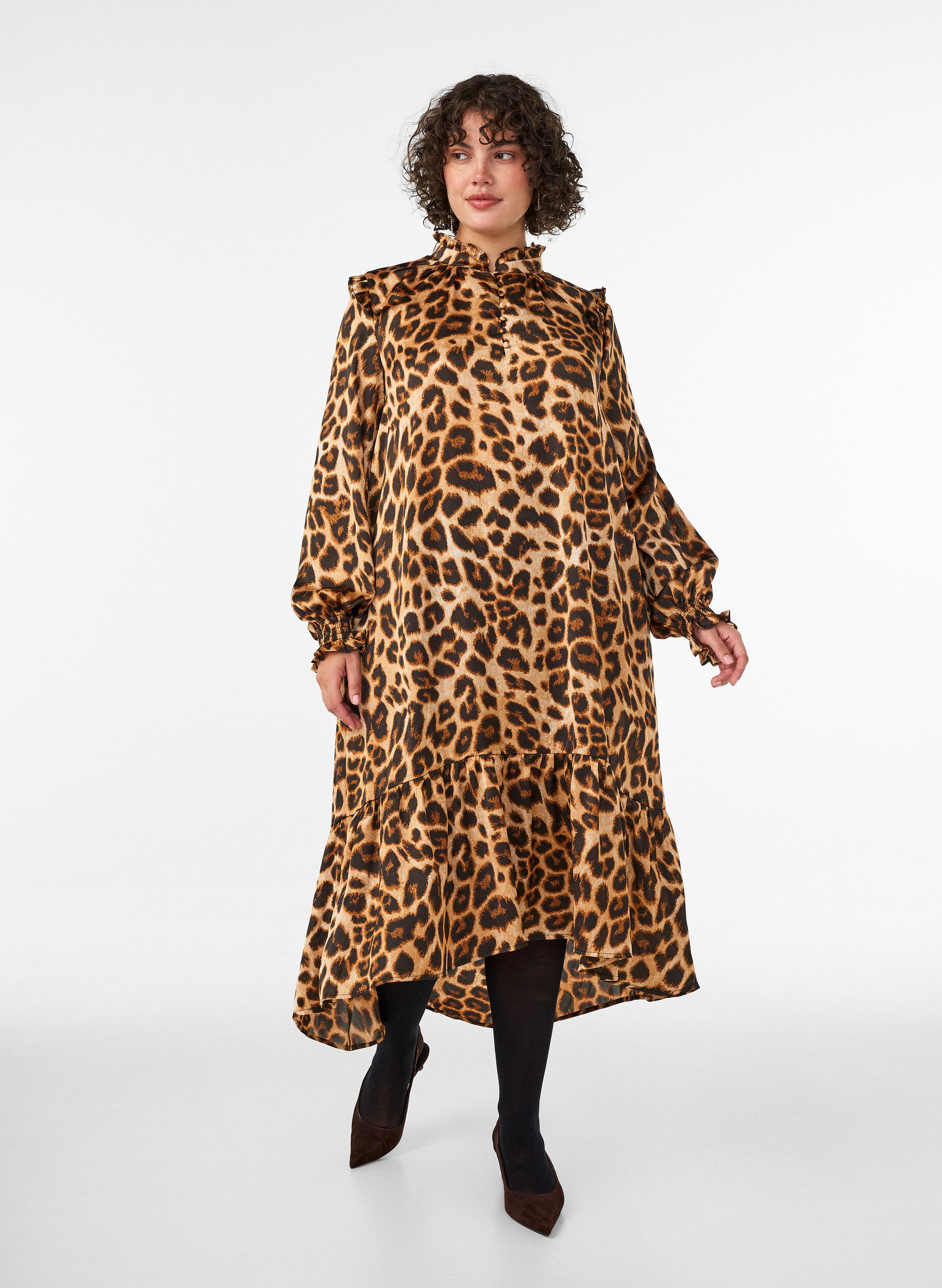 Dress with leopard print and ruffle details, Brown, Model