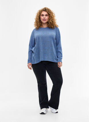 Melange blouse with round neck and long sleeves, Blue Bonnet, Model image number 2