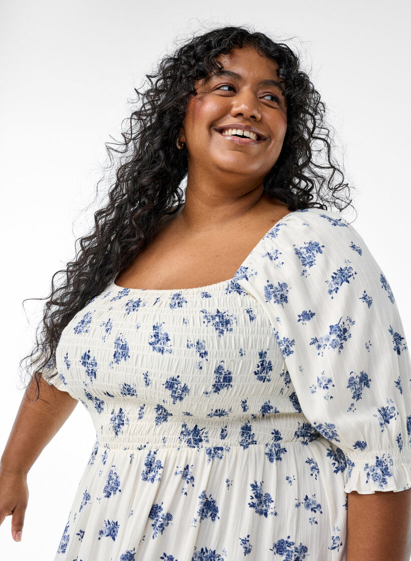 Floral viscose midi dress with smock, White, Model image number 2