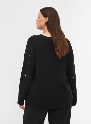 Knitted blouse with ribbing and rhinestones, Black, Model image number 1
