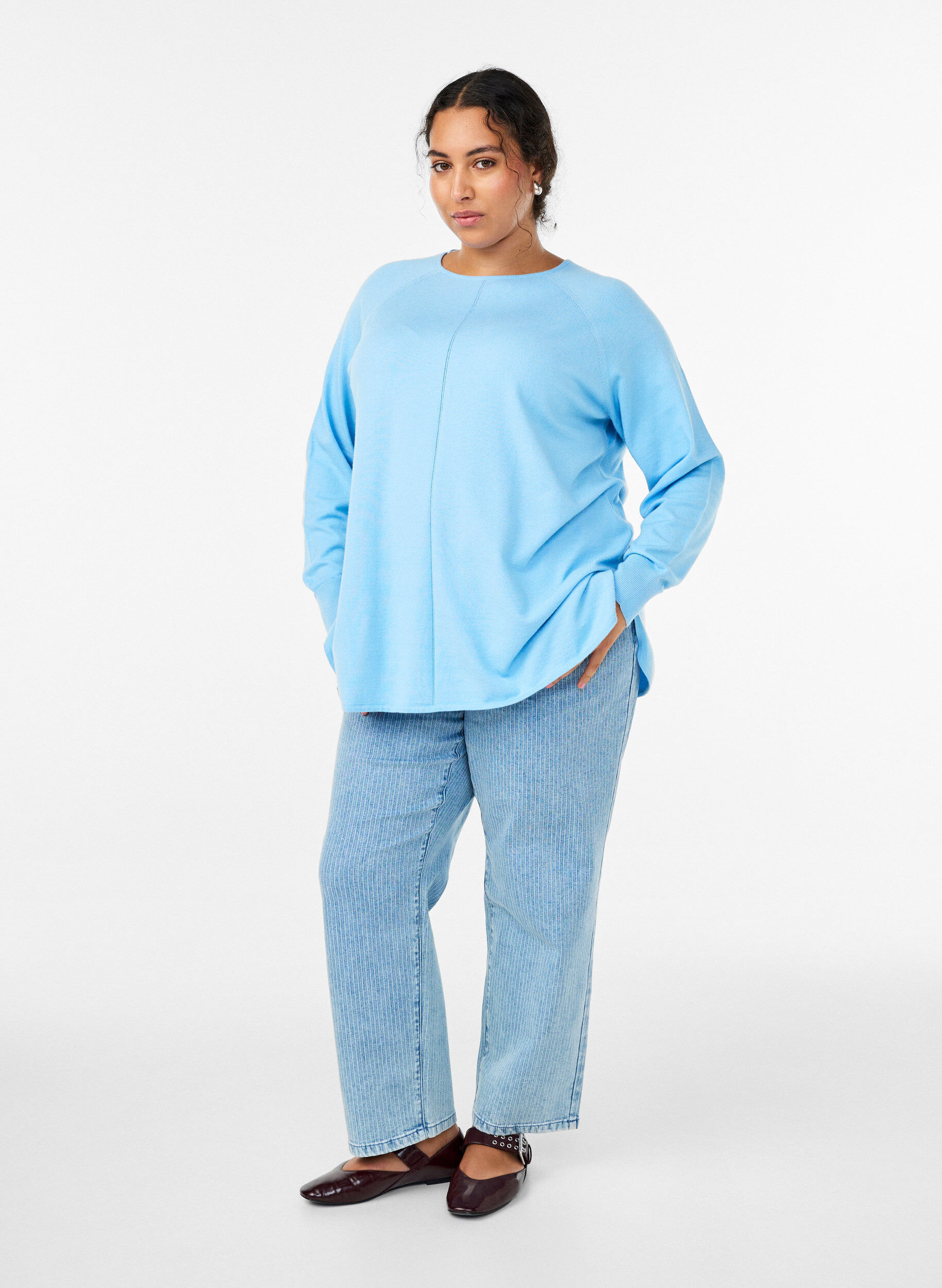 ZizzifashionKnit blouse with round neck and knitted pattern, Light Blue, Model image number 1