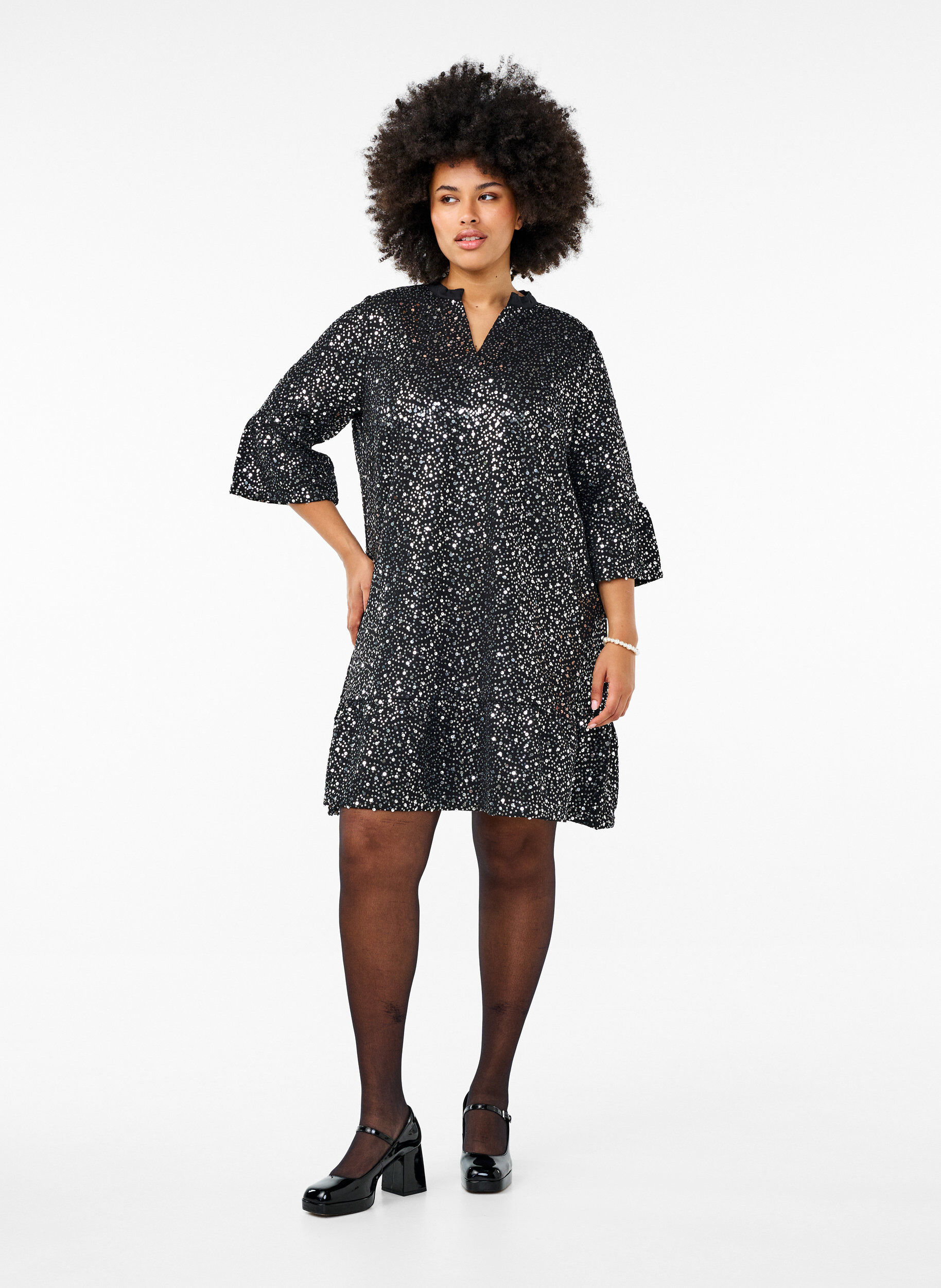 Zizzifashion Sequin dress with a V-neck and 3/4 sleeves, Black w. Sequins, Model image number 2
