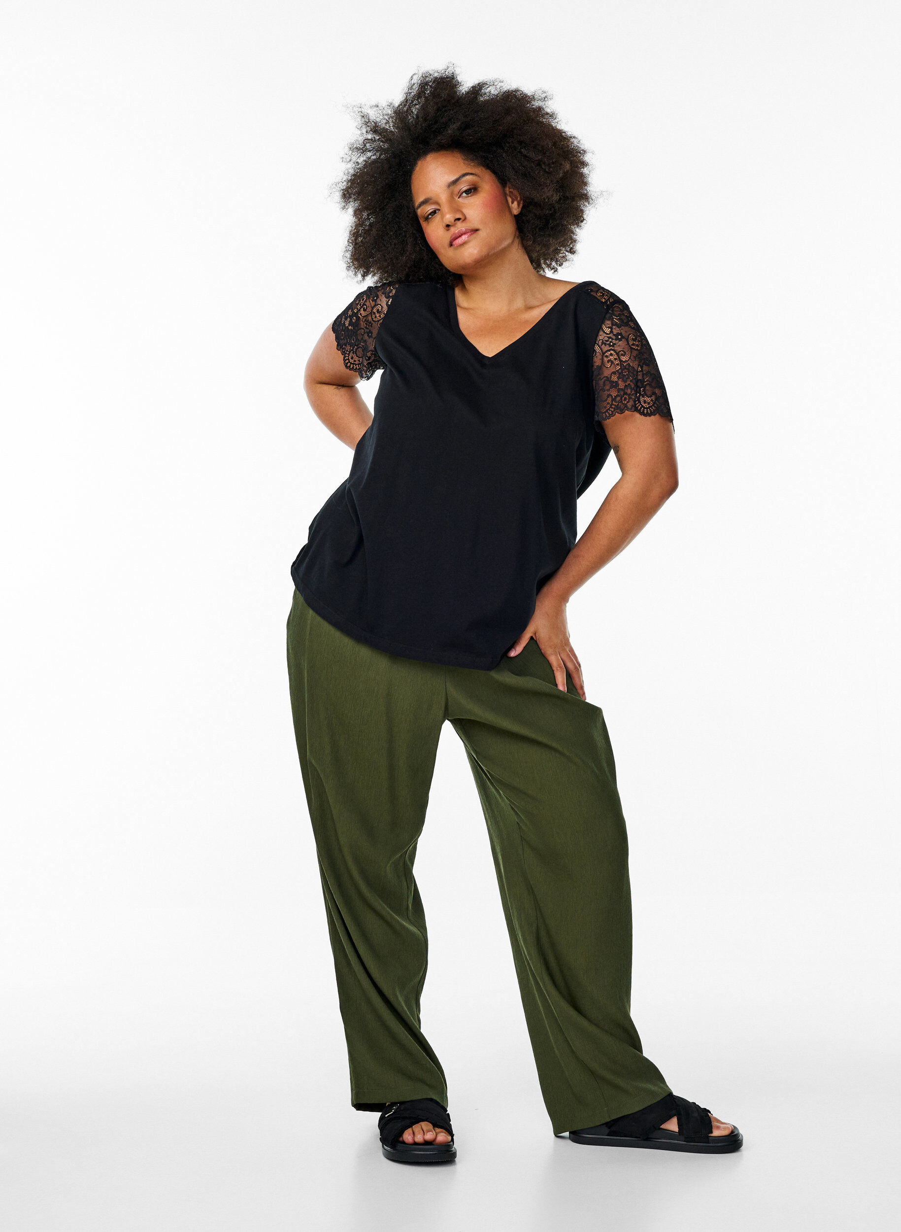 Zizzifashion Cotton T-shirt with short lace sleeves, Black, Model image number 1