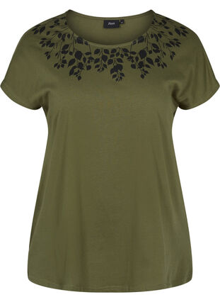 Cotton t-shirt with print details, Ivy Green Mel Leaf, Packshot image number 0
