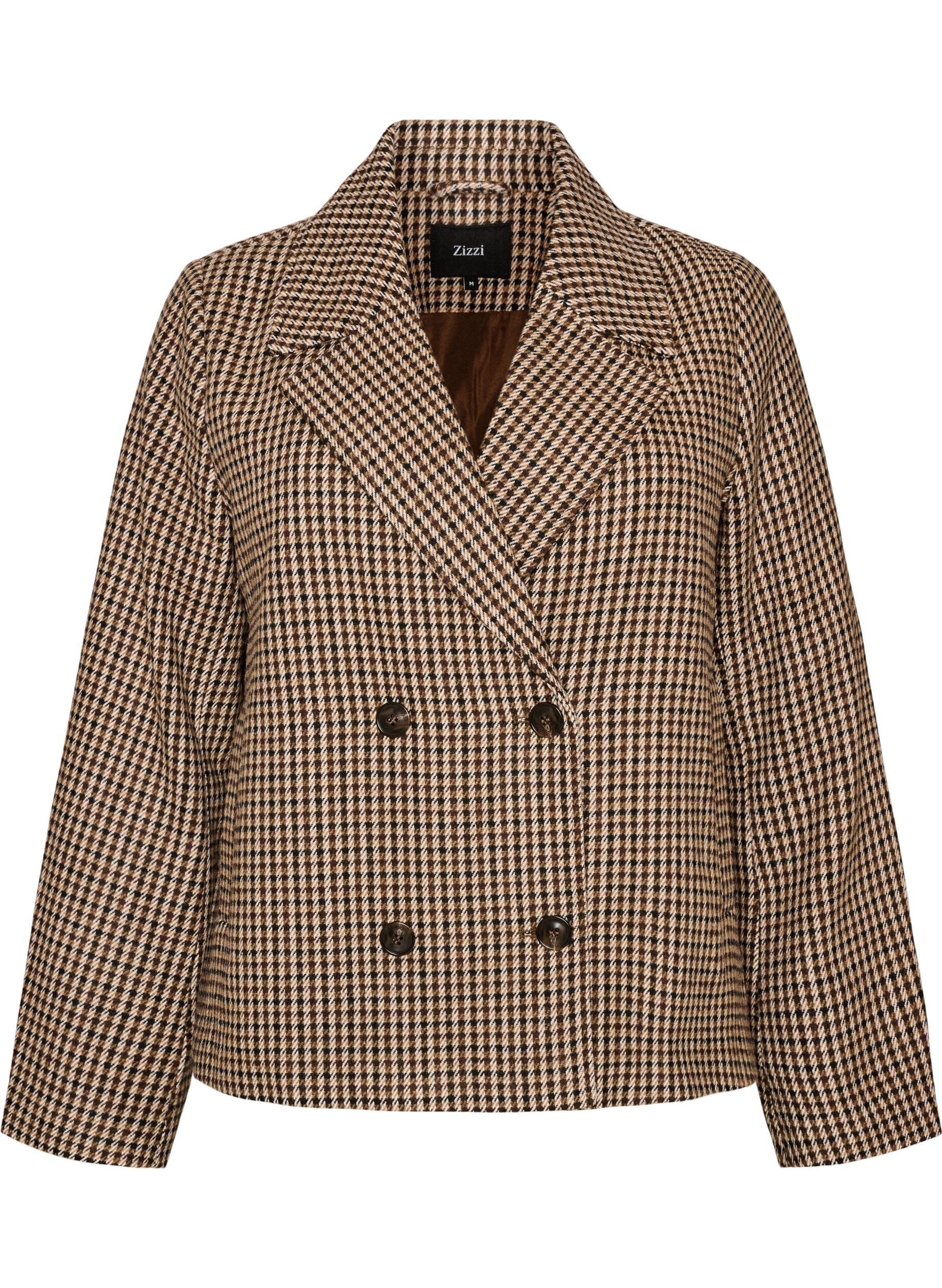 Short checked coat with double-breasted button fastening