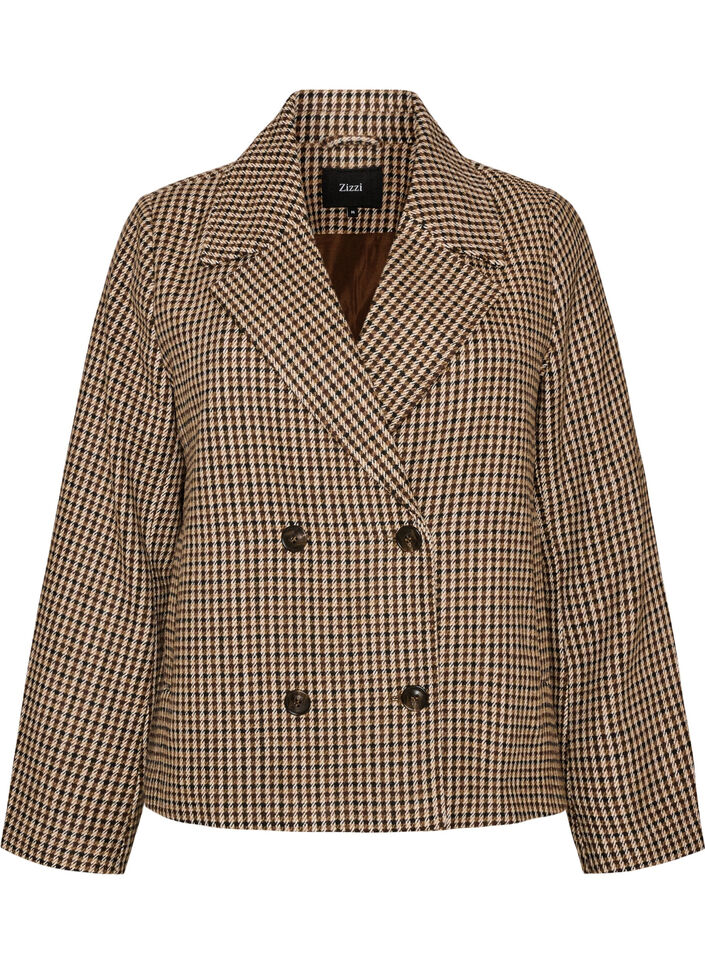 Short checked coat with double-breasted button fastening, Brown, Packshot image number 0