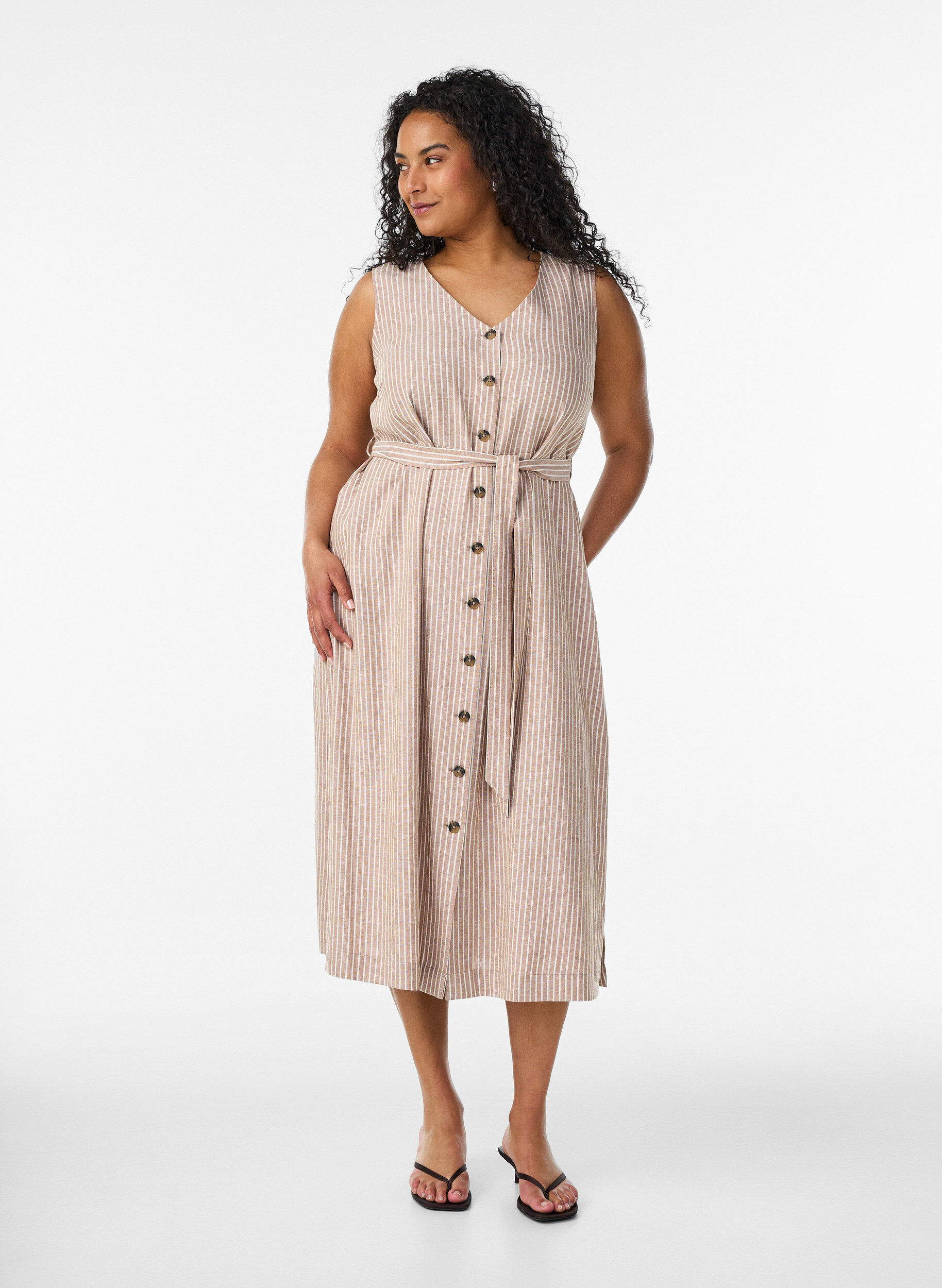 ZizzifashionSleeveless striped midi dress in linen and viscose, Beige, Model image number 0