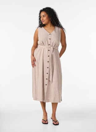 Sleeveless striped midi dress in linen and viscose - Beige - Sz. 40-64 - Zizzifashion Sleeveless striped midi dress in linen and viscose - Beige - Sz. 40-64 - Zizzifashion