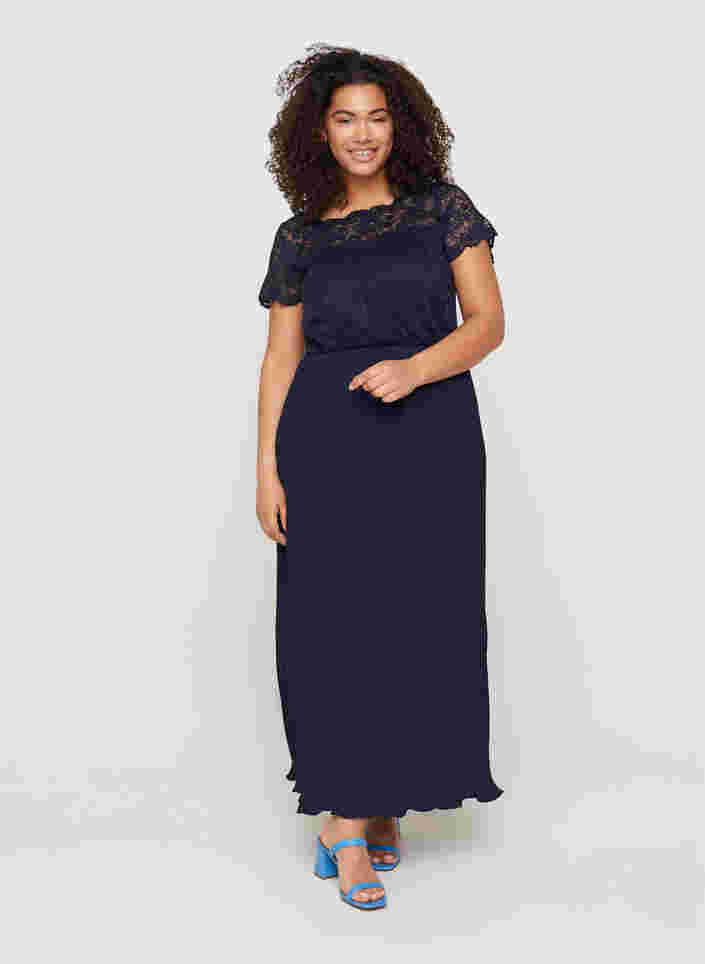 Short-sleeved maxi dress with pleats and lace, Night Sky, Model image number 0
