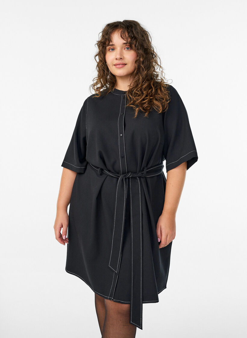 Short shirt dress with contrast stitching and tie belt, Black, Model image number 1