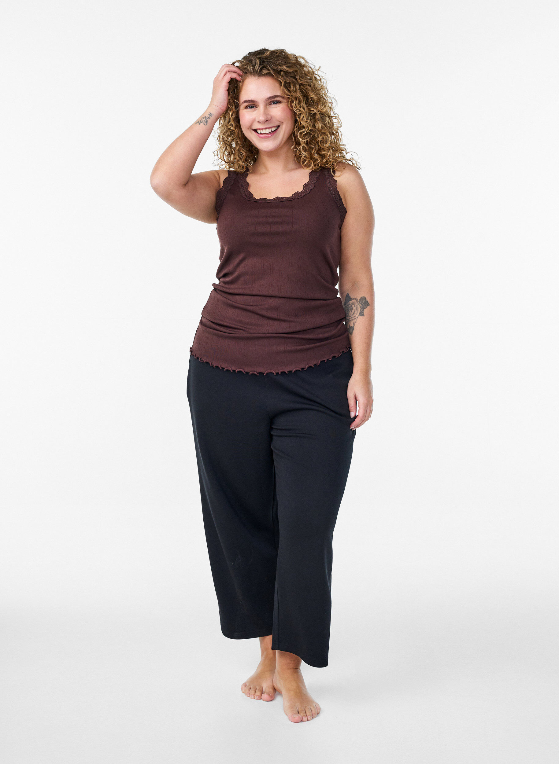 Zizzifashion Tank top with lace trim and eyelet embroidery, Brown, Model image number 1