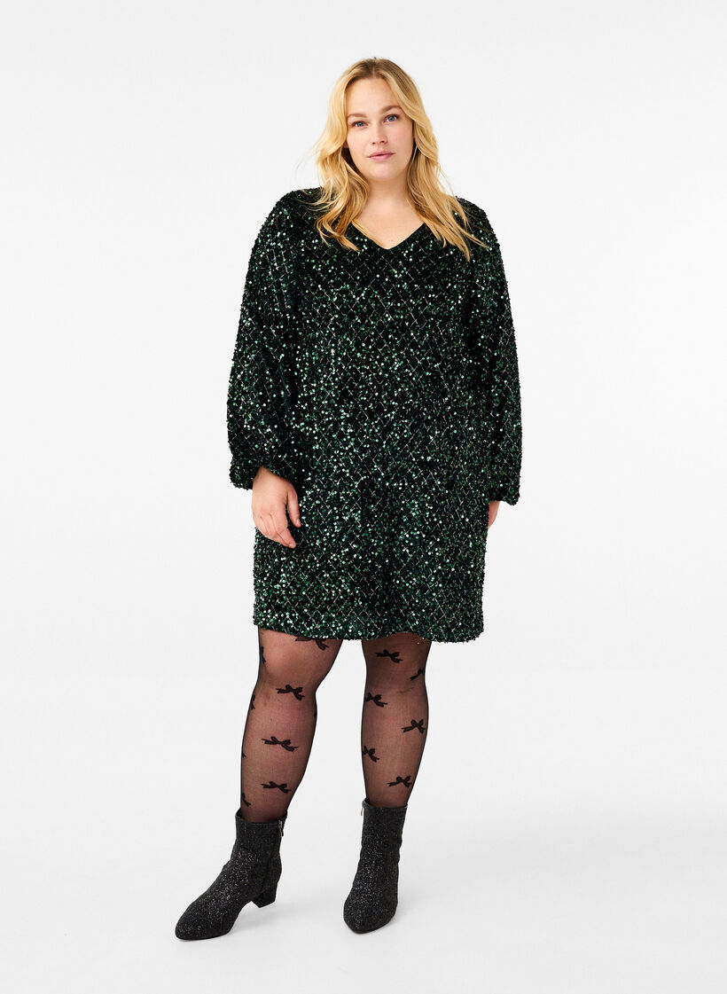 Sequin dress with a V-neck and check pattern, Rain Forest Sequins, Model image number 0