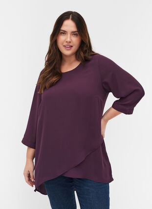 Blouse with 3/4-length sleeves and asymmetric hem, Plum Perfect, Model image number 0