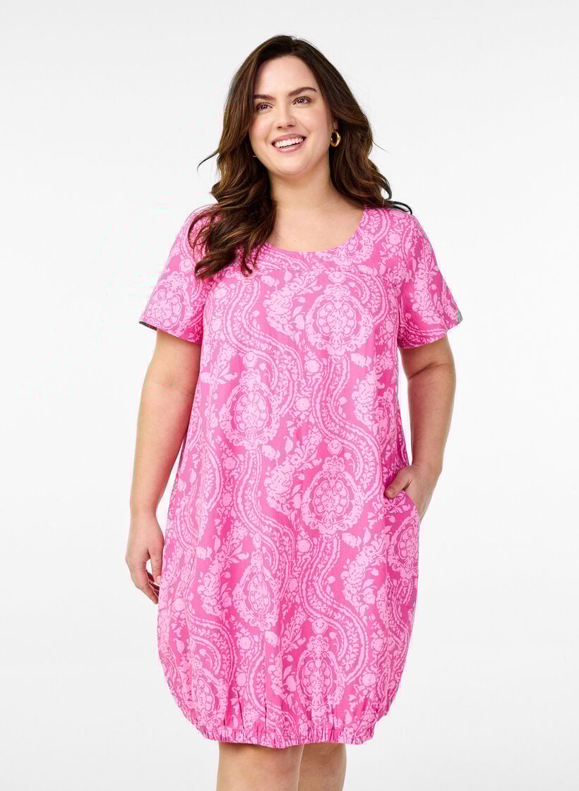 Short-sleeved cotton dress with print, Pink, Model image number 0