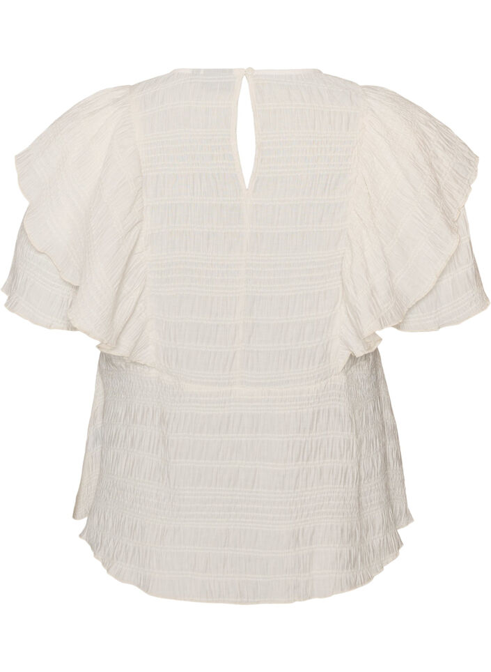 Blouse with smocked texture and ruffle sleeves, Vanilla, Packshot image number 1