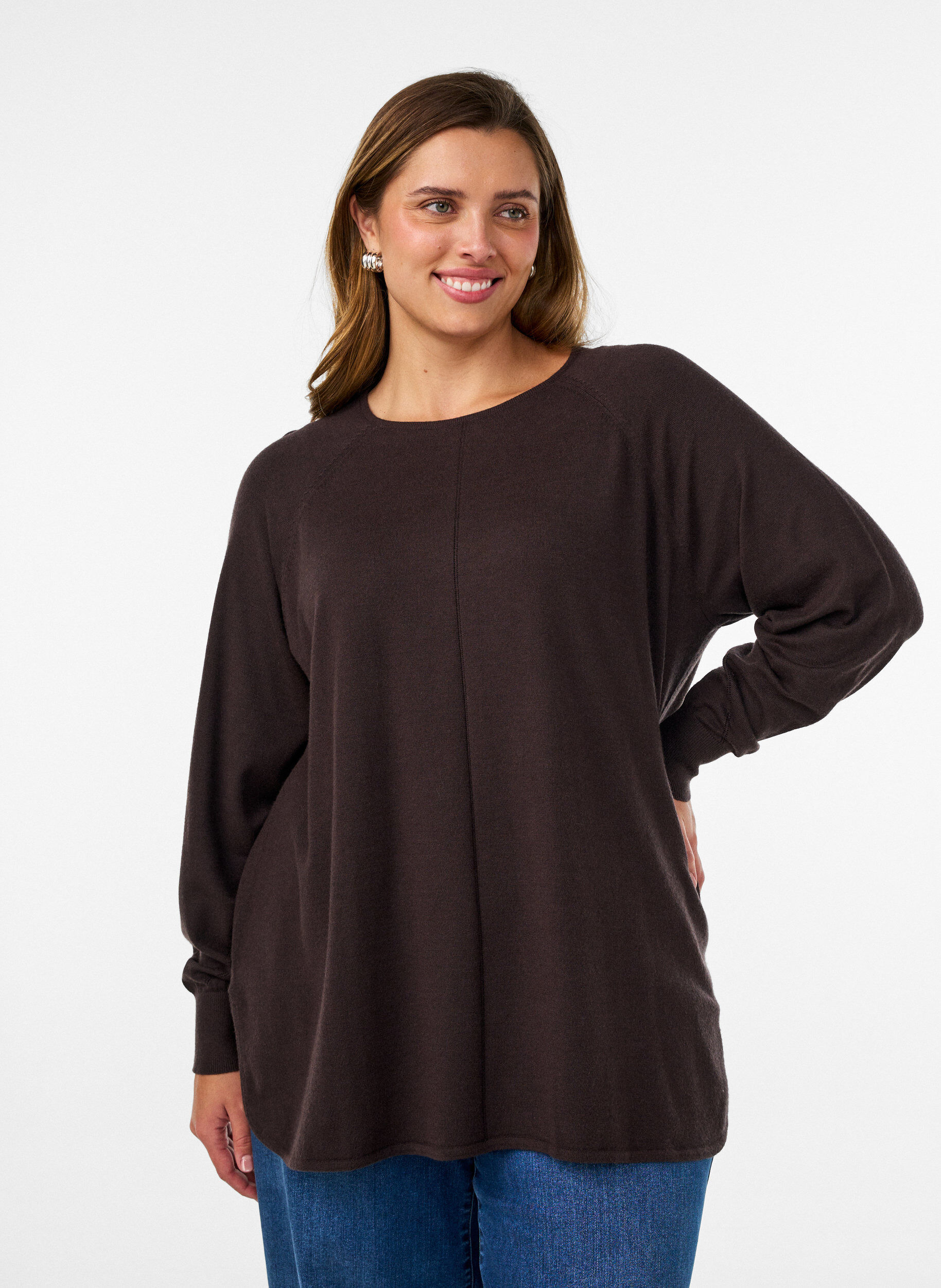 ZizzifashionKnitted blouse with round neck and knitted pattern, Brown, Model image number 0