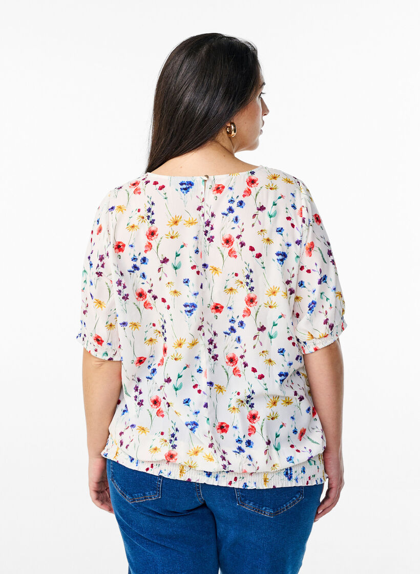 Floral blouse with smocking, Blue, Model image number 2