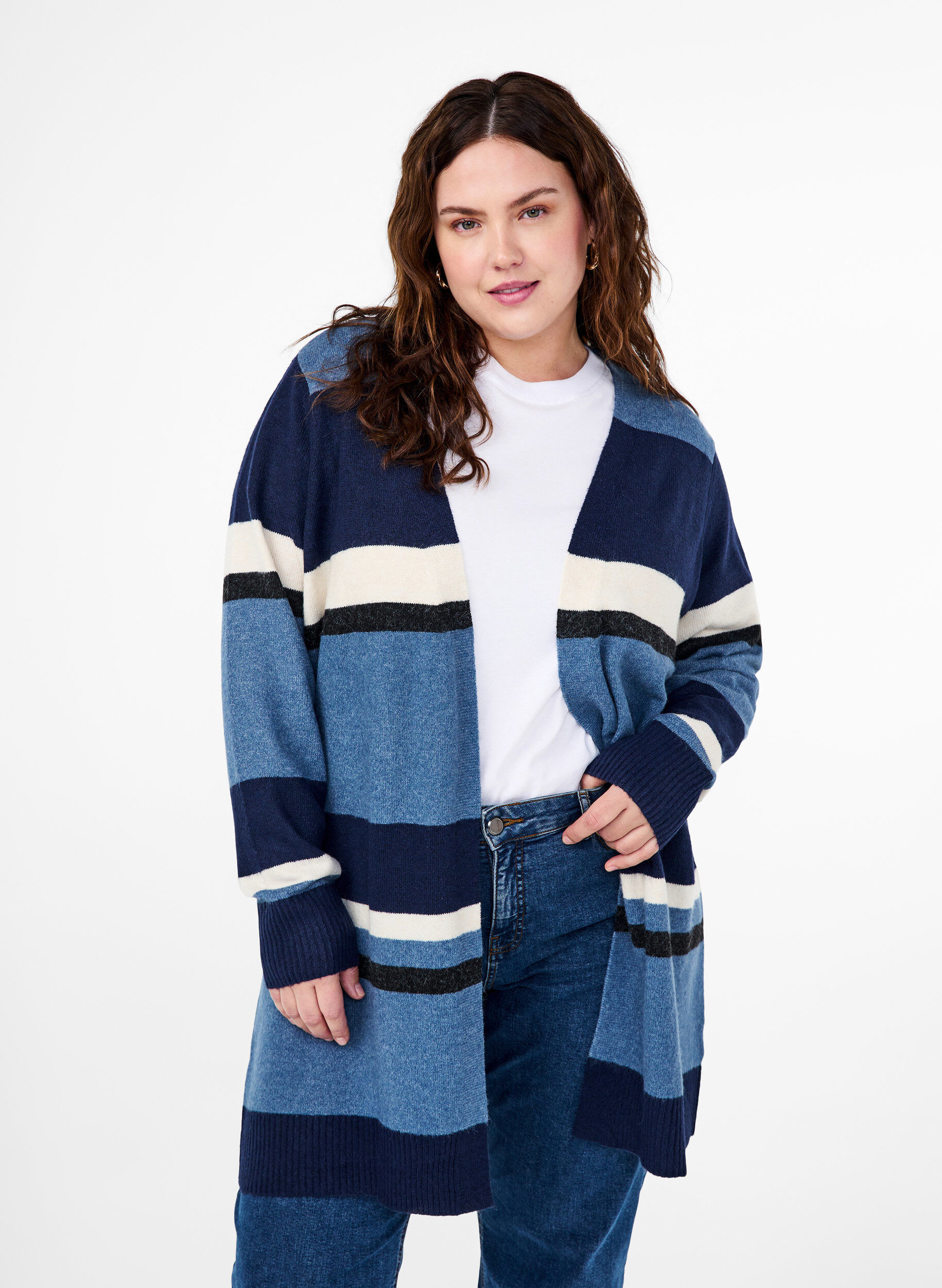 Zizzifashion Long knit cardigan with wide stripes, Blue, Model image number 0