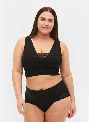 Seamless bra with lace detail, Black, Model image number 2
