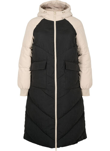 Long colorblock winter jacket with hood, Black Comb, Packshot image number 0
