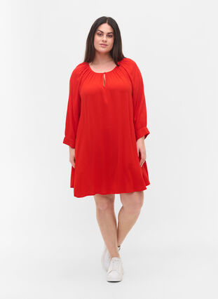 Viscose tunic with 3/4 sleeves, Fiery Red, Model image number 2