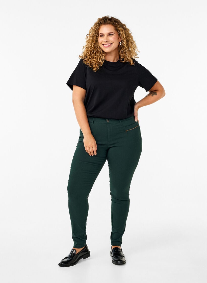 Tight-fitting trousers with zip details, Green, Model image number 0