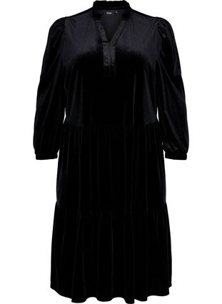 Velvet dress with ruffle collar and 3/4 sleeves, Black, Packshot image number 0