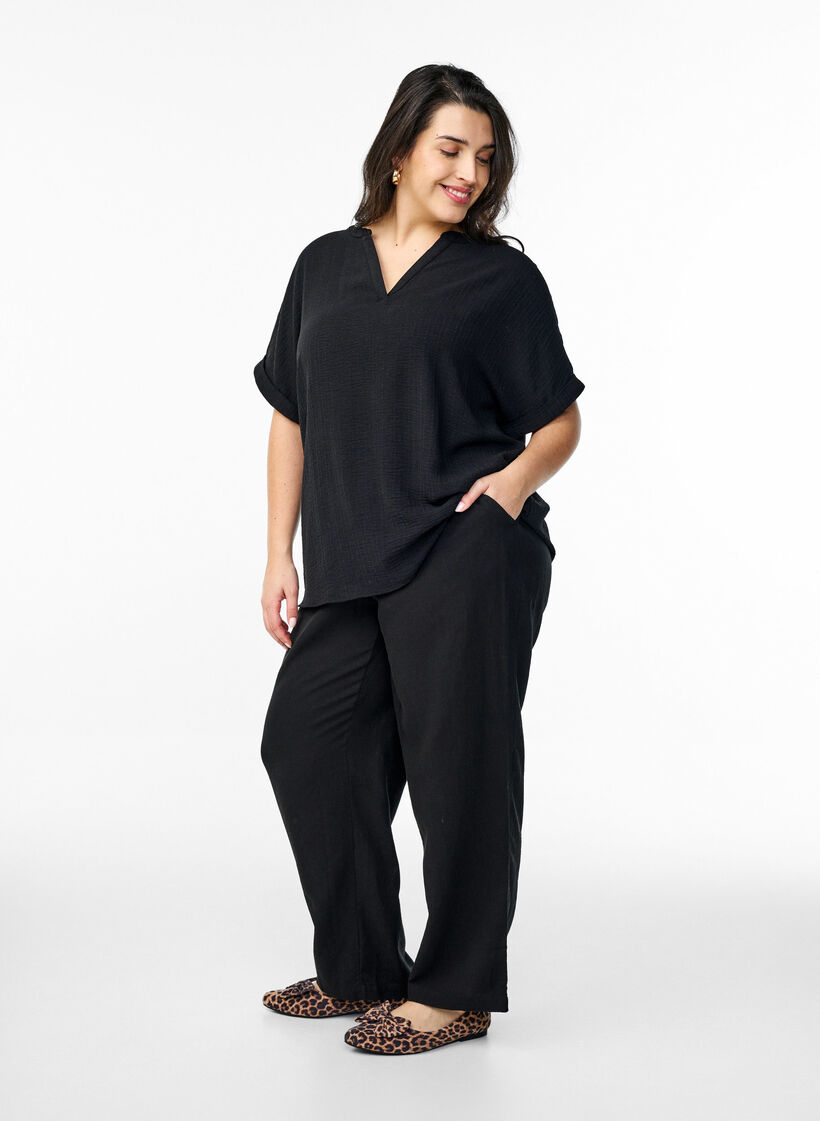 Loose blouse with short sleeves, Black, Model image number 1