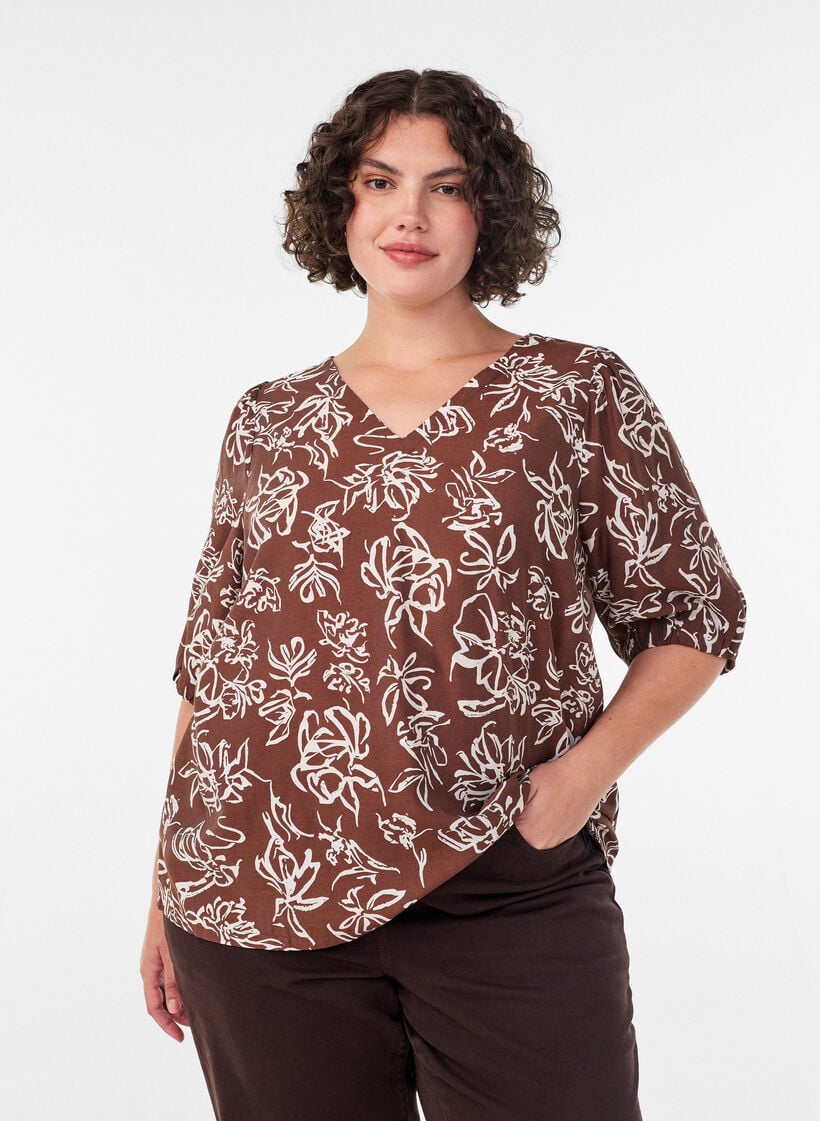 Viscose blouse with V-neck, Brown, Model image number 0