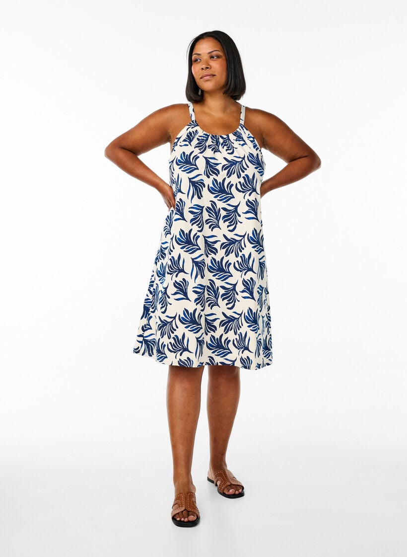 Knee-length strap dress in organic cotton, White, Model image number 1