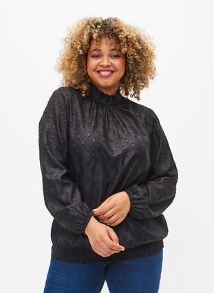 Patterned blouse with long sleeves and smock, Black, Model image number 0
