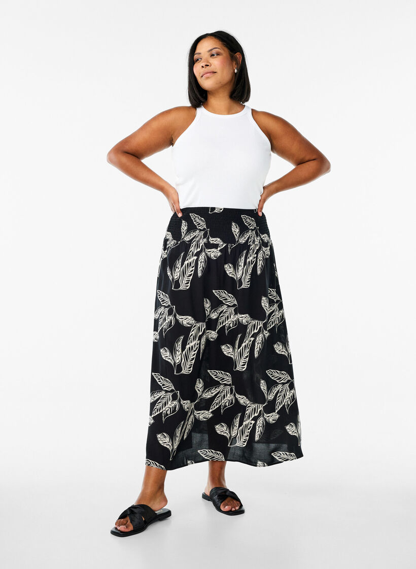 FLASH - Viscose maxi skirt with smocking, Black, Model image number 0