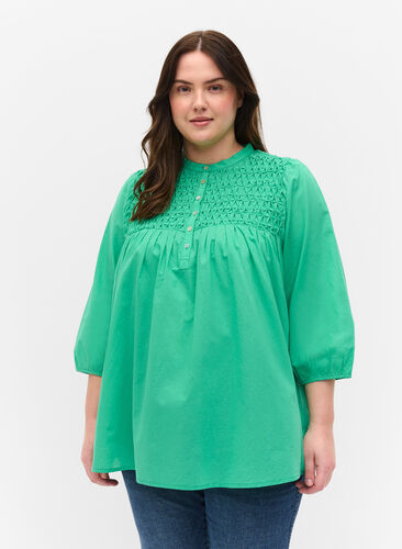 Cotton blouse with 3/4 sleeves and smock, Holly Green, Model image number 0