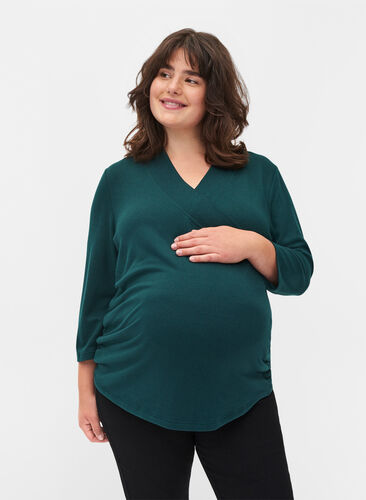 Maternity blouse with 3/4 sleeves and V-neck, Ponderosa Pine, Model image number 0