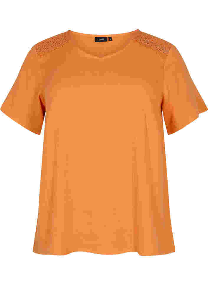 Short-sleeved cotton blouse with lace, Amberglow, Packshot image number 0