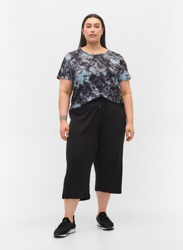 Loose culotte trousers in rib fabric, Black, Model image number 0
