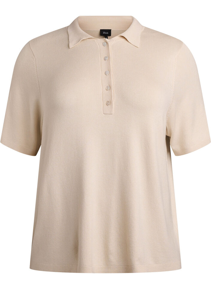 Fine-knit polo shirt with short sleeves, Beige, Packshot
