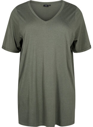 Single colour oversized t-shirt with v-neck, Thyme, Packshot image number 0