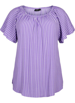 Plain viscose blouse with short sleeves, Deep L./White Stripe, Packshot image number 0