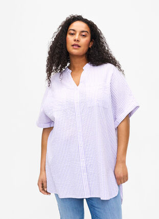 Striped shirt with chest pockets, White/LavenderStripe, Model image number 0
