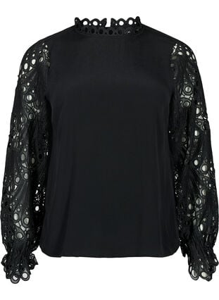 Viscose blouse with crochet sleeves, Black, Packshot image number 0