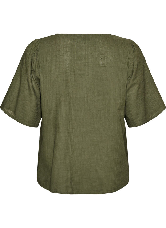Short-sleeved cotton shirt with a V-neck, Green, Packshot image number 1