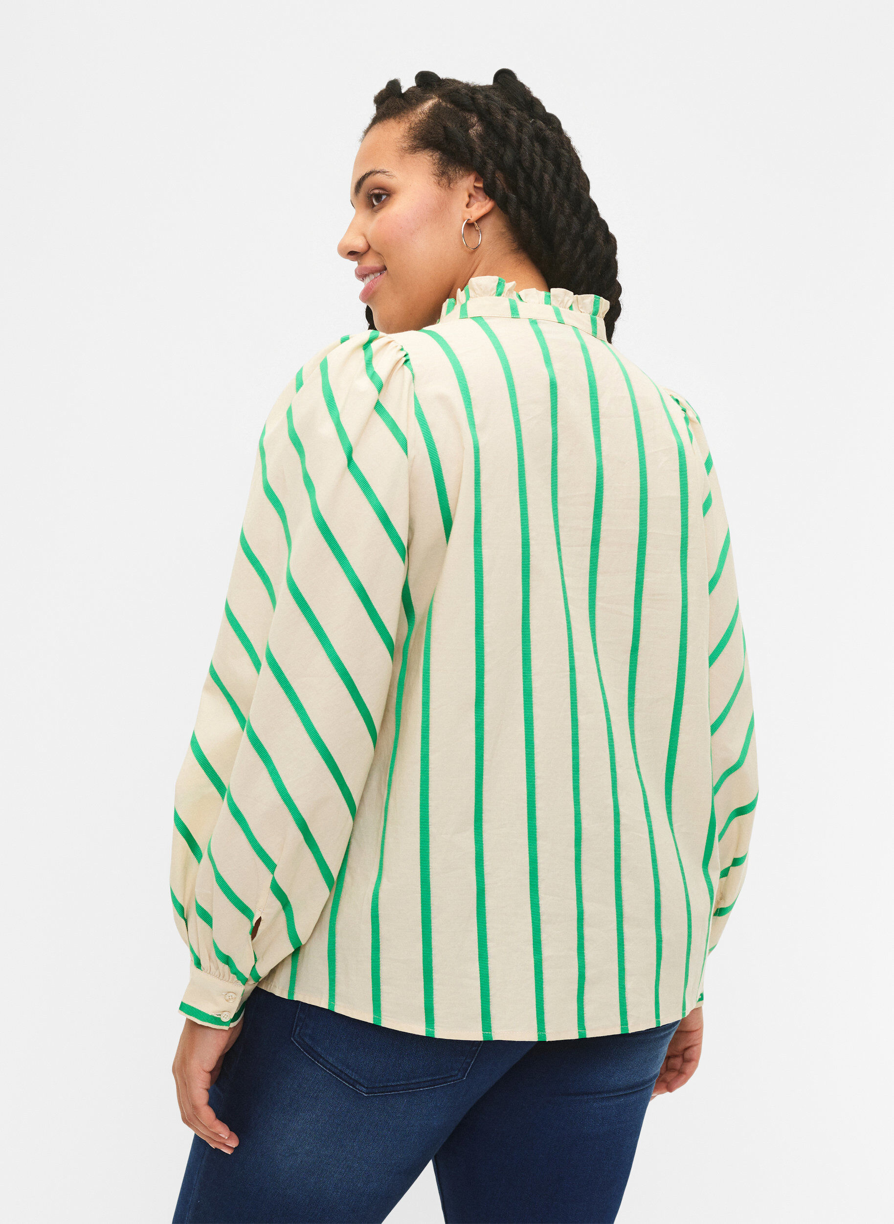 Zizzifashion Striped cotton shirt blouse with ruffle collar, Beige Green Stripe, Model image number 1