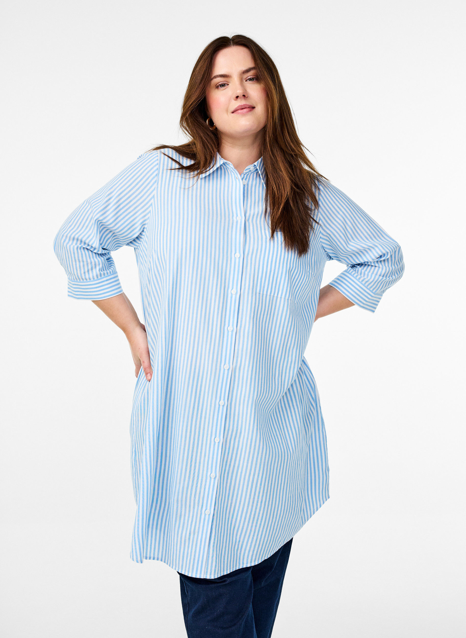 Zizzifashion Long striped shirt with 3/4 sleeves, Light Blue, Model image number 0