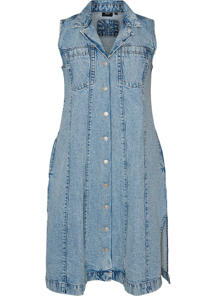 Sleeveless denim dress with button fastening and slits, Light Blue, Packshot image number 0