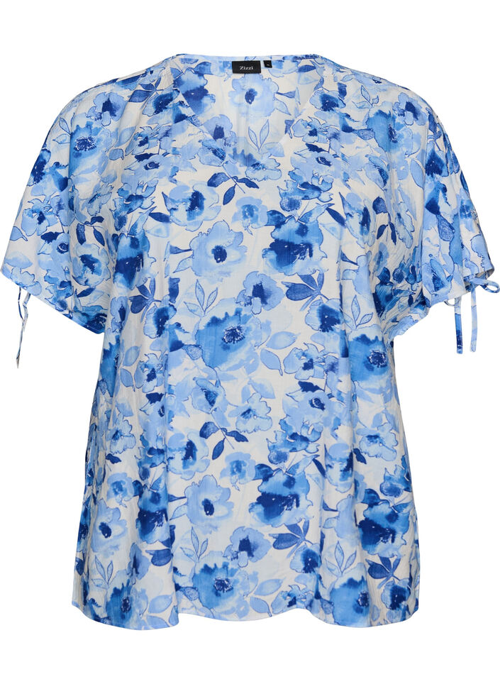 Viscose blouse with ruched sleeves, Blue, Packshot image number 0